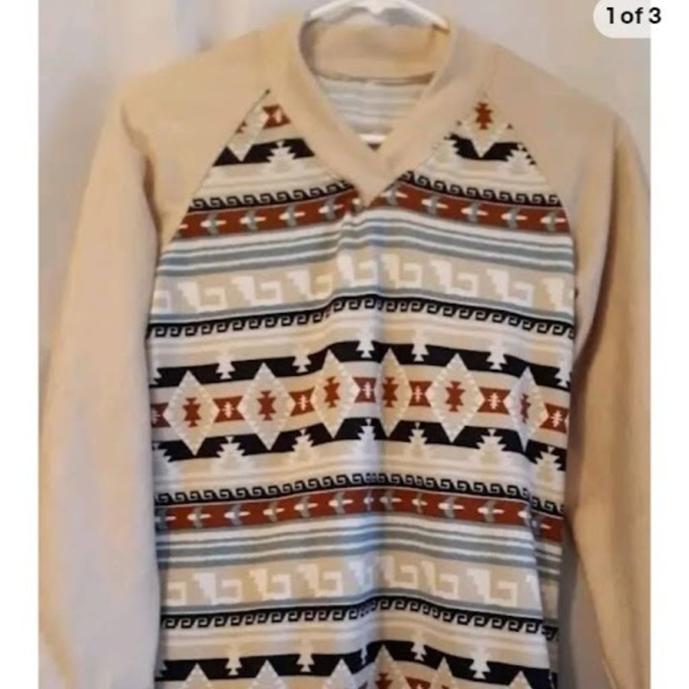 Aztec Southwestern Jersey knit V-neck sweater top S Beige Rust Black Tunic LS